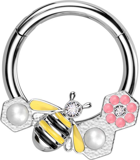 Produktbild Star Piercing Micro Segmentring klappbar silber Biene und Blumen (Messing, Chirurgenstahl 316L)