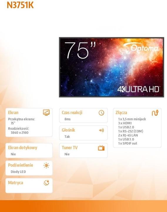 Produktbild Optoma 75IN UHD 450 CD/M2 1686 X 963 X (3840 x 2160 Pixel, 75")