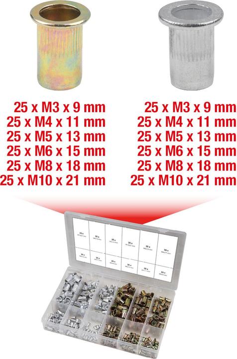 Actual product image KS Tools Threaded rivets assortment, steel + aluminium, M3x9mm-M10x21mm, 300 pcs