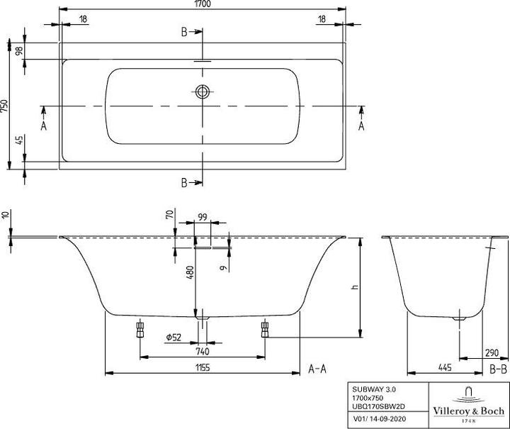 Produktbild Villeroy & Boch V&B Einbauwanne SUBWAY 3.0 DUO R-eck1700x750mm stone white (170 cm, 75 cm)