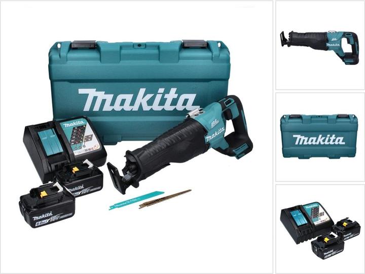 1x Makita DJR 187 18 V Akku Reciprosäge, 2x Makita BL 1860 B 18 V 6,0 Ah Akku, 1x Makita DC 18 RC Ladegerät, 2x Makita Sägeblatter, 1x Makita Transportkoffer