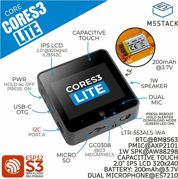Actual product image M5Stack CoreS3 Lite ESP32S3 IoT Dev Kit