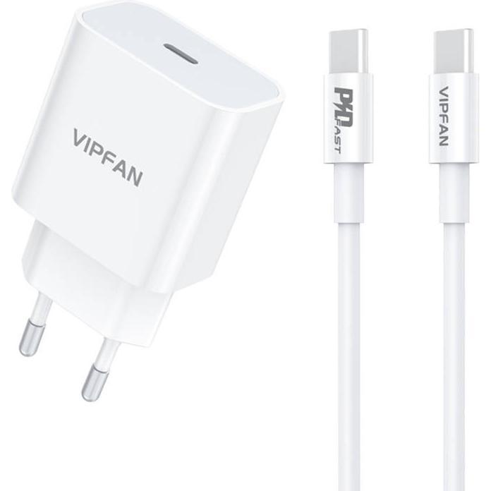 Vipfan E04 wall charger, USB-C, 20W, QC 3.0 + USB-C cable (white) (20 W), USB Ladegerät, Weiss