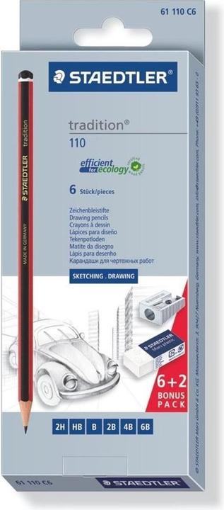 Immagine prodotto Staedtler Stedtler 6 pieštukų rinkinys TRADITION (įvairūs minkštumo ir kietumo laipsniai) + guminė dalis + tem (2B, 2H, 4B, 6B, B, HB, 6x)