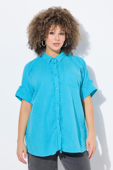 Image du produit Ulla Popken Chemisier oversize en mousseline, franges, col chemise et manches courtes (54)