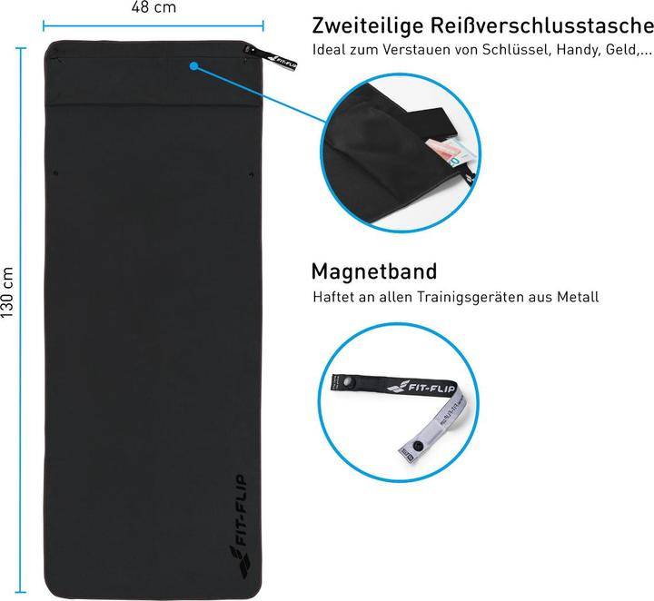 Produktbild Fit-Flip Fitnesshandtuch Mikrofaser mit Reissverschlusstasche 130x48cm (130 x 48 cm)