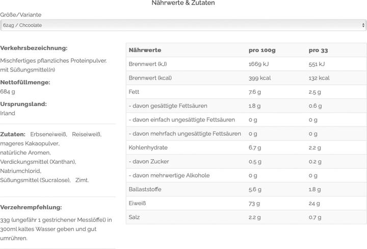 Nährwerte und Zutaten Optimum Nutrition Gold Standard 100% Plant (684g Dose) (Schokolade, 1 Stk., 684 g)