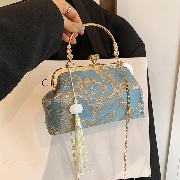 Produktbild Only-Bags.Store Blumenmuster Abendtasche mit Schnallenverschluss - Stoff Schulterkette Geldbörse für besondere