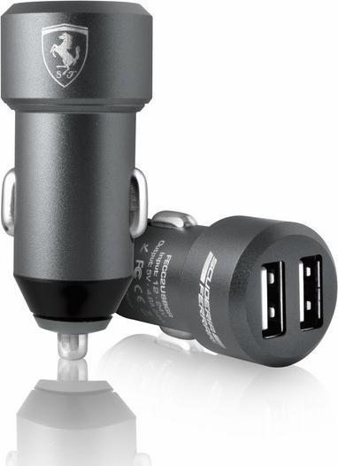 Ferrari Car Charger 2 USB Ports Silver Racing Shield Grey 4.8A Fast Charge