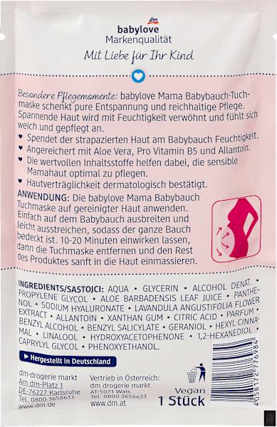 Nährwerte und Zutaten dm babylove Mama Babybauch Tuchmaske