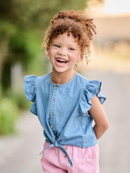 Immagine prodotto Vertbaudet Mädchen Jeansbluse zum Binden mit Volantärmeln (128)