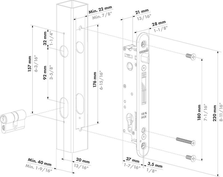 Produktbild Locinox Rohrrahmenschloss Fortylock mit Hakenriegel, PZ 92,DM 20 mm,Stulp rund,Edelstahl