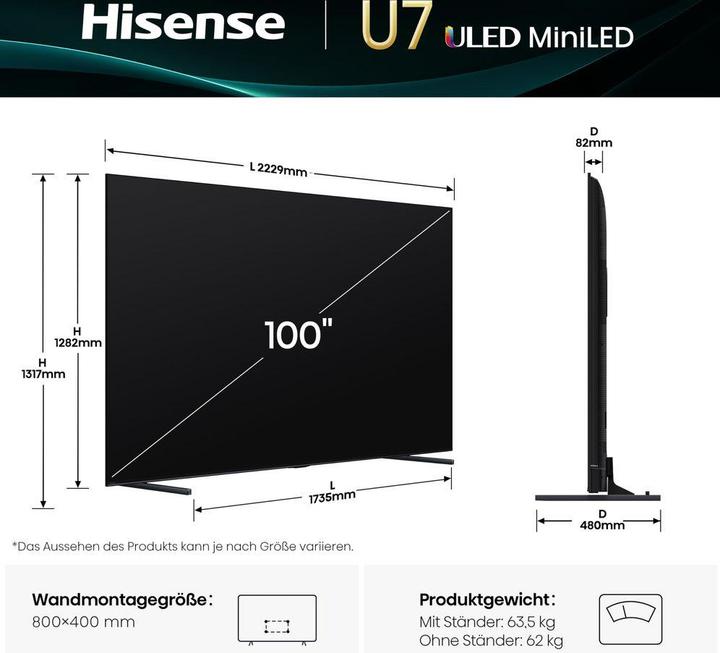Immagine prodotto Hisense TV 100U7Q (100", U7Q, Mini-LED, 4K, 2025)