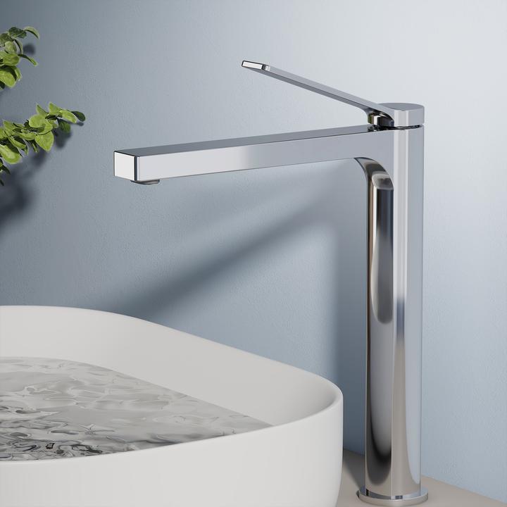 Produktbild Emke Wasserhahn Bad, verchromt, Mischbatterie Waschbecken, Messing, mit Luftsprudler, Keramikkartusche, e