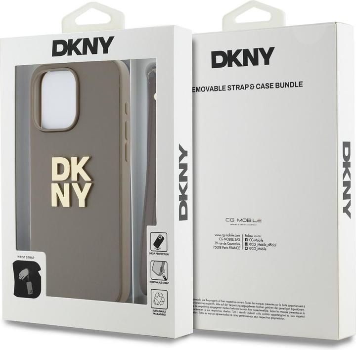 Actual product image DKNY PU Leather Stack Logo Wrist Strap Case for iPhone 14 Pro Max Beige (Apple iPhone 14 Pro Max)