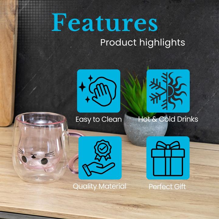 Produktbild Intirilife Doppelwandiges Thermo Glas Set Design Katze (200 ml, 4 x)