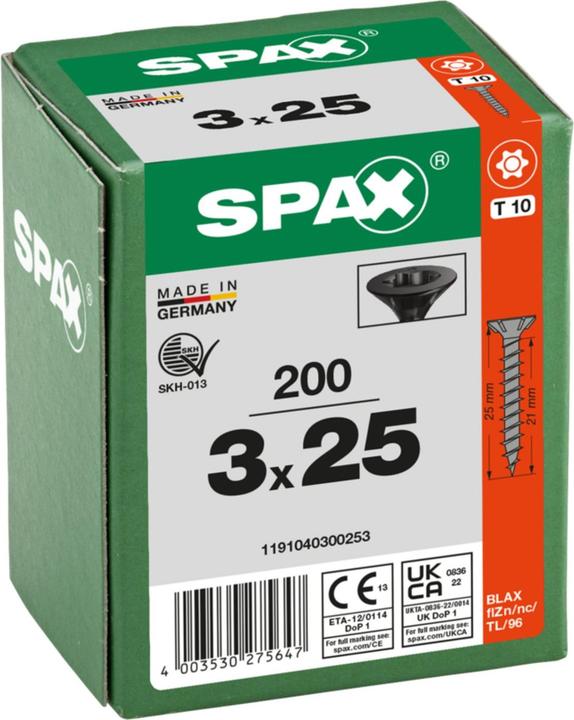 Actual product image Spax Senkkopf T-Star Plus T10 Vollgewinde Schwarz Verzinkt (200 Screws per piece, 3 x 25 mm)