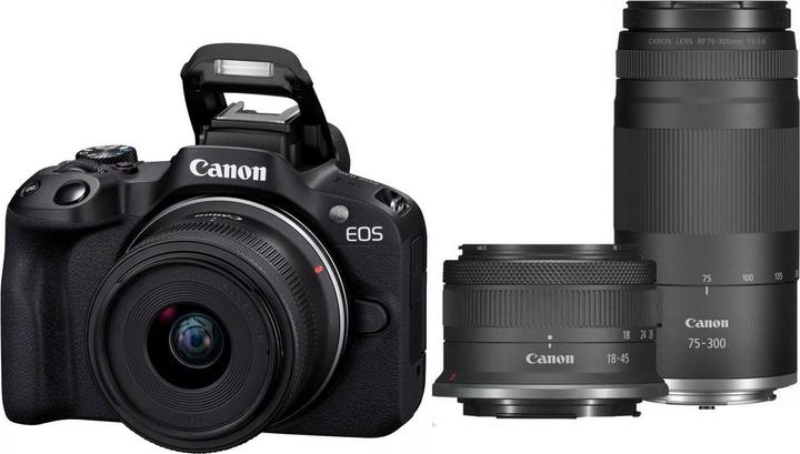 Produktbild Canon EOS R50 Black + RF-S 18-45mm + RF 75-300mm (18 - 150 mm, 24.20 Mpx, APS-C / DX)