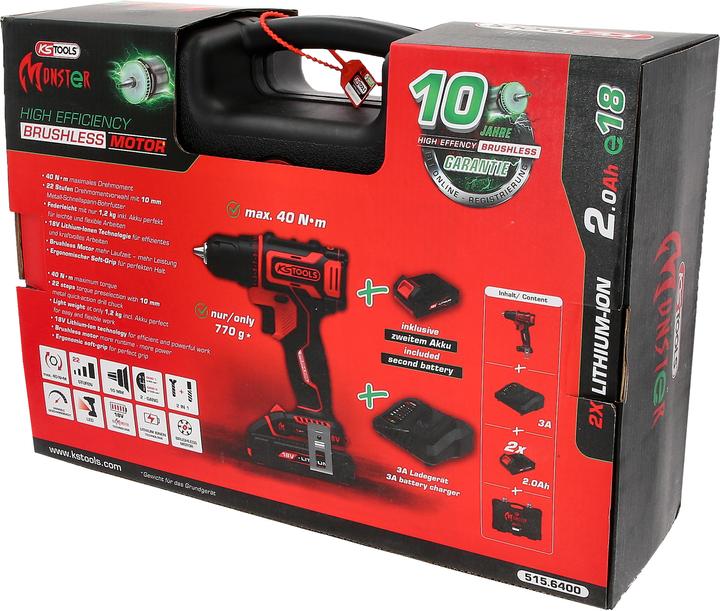 Image du produit KS Tools eMONSTER Kit de perceuses/visseuses sans fil brushless, 4 pièces| 18 volts, 2 batteries et chargeur (Fonctionnement sur batterie)