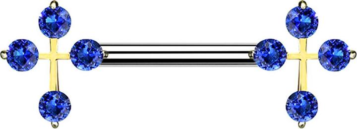 Produktbild Star Piercing Barbell 14k vergoldet Kreuz mit Kristall blau (Messing, Chirurgenstahl 316L)