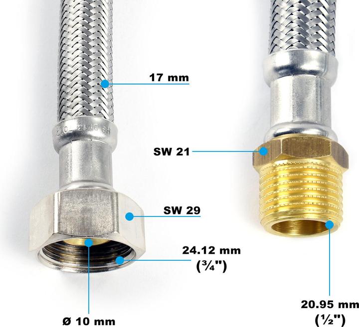 Actual product image XPOtool 500mm Flexible Hose DN13 3/4" UN (24.12mm) & 1/2" M (20.95mm) Stainless Steel EPDM Arm