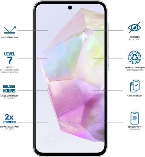 Produktbild Eiger Anti-reflektierendes Glas mit Blaulicht-Filter Full Screen Fit Mountain Glass Blue Edge (1 Stk., Samsung Galaxy A56)