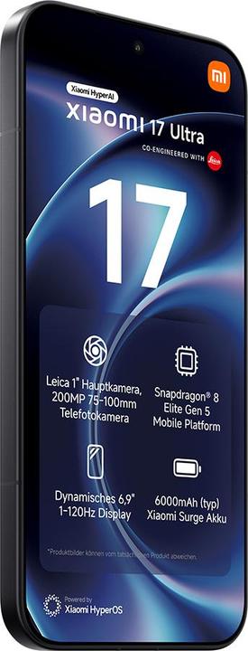 Productafbeelding Xiaomi 17 Ultra (1024 GB, Zwart, 6.90", Dubbele SIM, 5G)