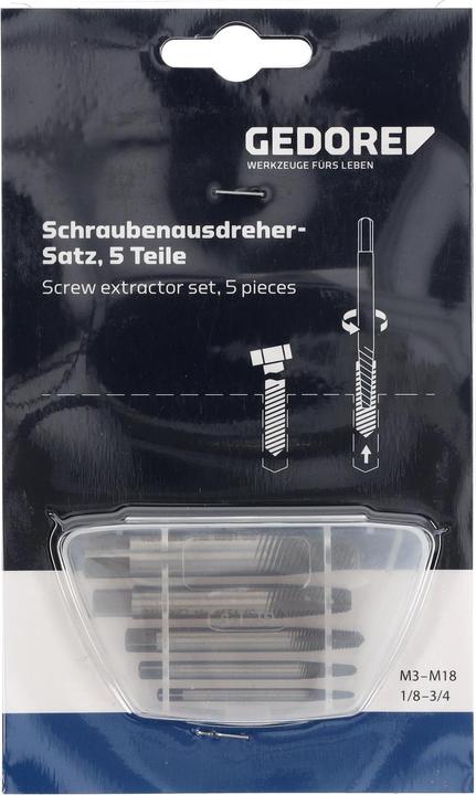 Produktbild Gedore Schraubenausdreher-Satz, Chrom-Vanadium-Stahl, 54-56 HRC, In Kunststoffbox, 5-teilig, M3-M18