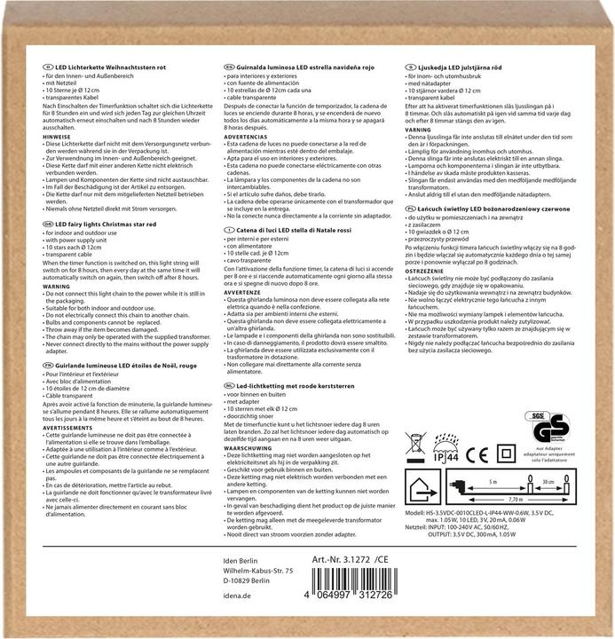 Produktbild Idena LED Lichterkette 10 Sterne rot Ø 12cm (7.70 m)