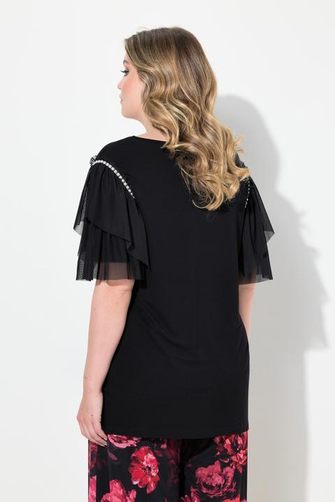 Immagine prodotto Miamoda Damen grosse Grössen T-Shirt, A-Linie, Mesh-Halbarm mit Volants schwarz 52 835737100-52 (52)