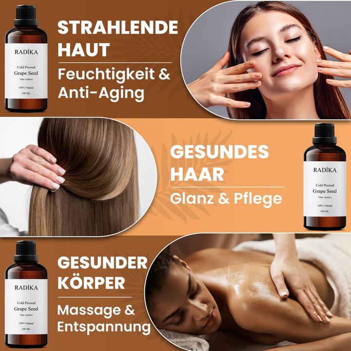 Produktbild Radika Traubenkernöl, Kaltgepresst, 100% Rein, BIO, natürlich, 100 ml (Körperöl, 100 ml)