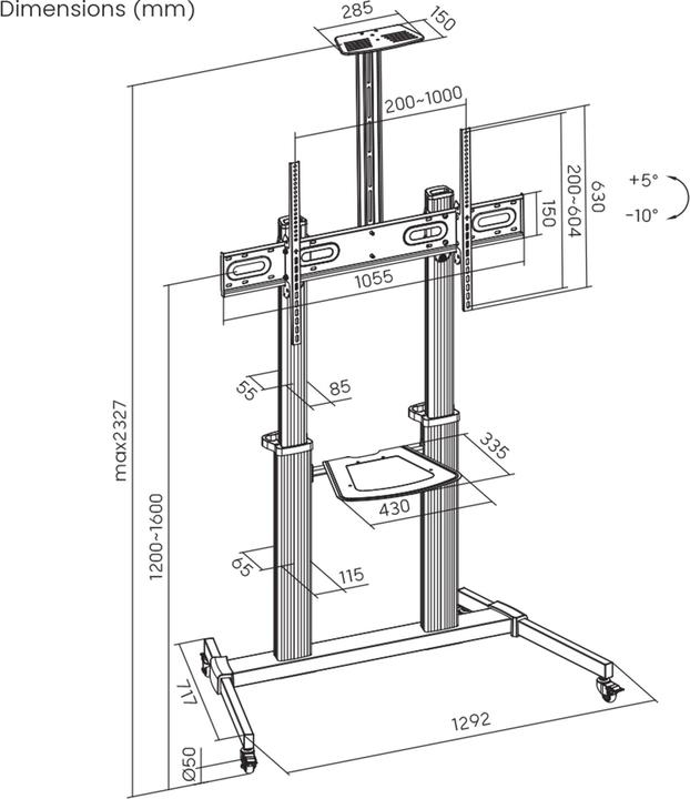 Image du produit Manhattan Support TV multimédia en aluminium sur roulettes, réglable en hauteur (100", 80 kg)