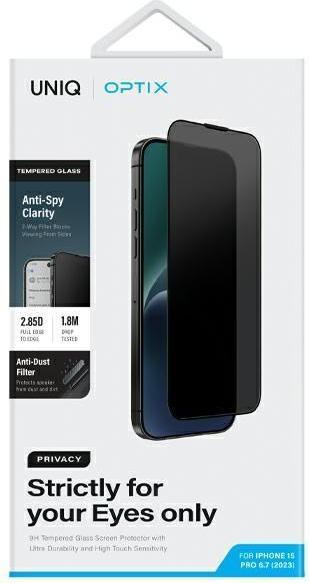 Actual product image Uniq Optix Privacy iPhone 15 Pro Max 6.7" prywatyzujące szkło hartowane z aplikatorem (1 Piece, Apple iPhone 15 Pro Max)