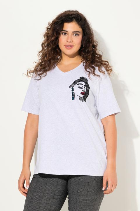 Actual product image Ulla Popken Embroidered Face Motif Short Sleeve V-Neck Tee (50, 52)