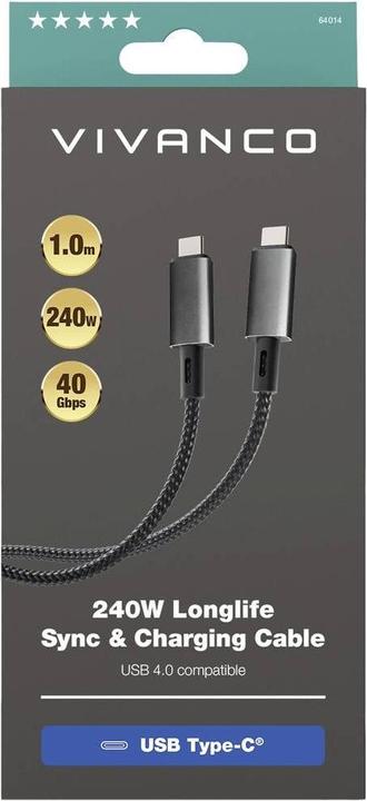 Produktbild Vivanco Longlife USB4.0 C-C Kabel, Metallstecker u. Nylon- geflecht, 5A / 240W, schwarz, 1,0m (1 m, USB 4.0)