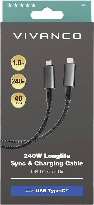 Actual product image Vivanco Longlife USB4.0 C-C cable, metal plug and nylon braid, 5A / 240W, black, 1.0m (1 m, USB 4.0)