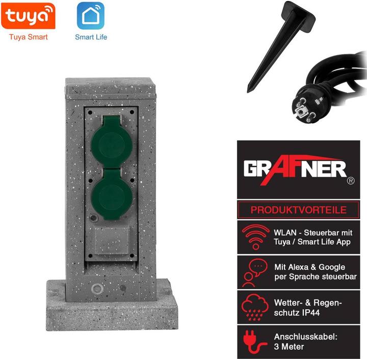 Produktbild Grafner Wifi Gartensteckdose Aussensteckdose Steinoptik Quadratisch Tuya Smart Life