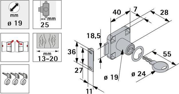 Immagine prodotto Hettich Zylinder-Aufschraubschloss unterschiedlich schlieend Trstrke 13-20 mm Stahl vernickelt