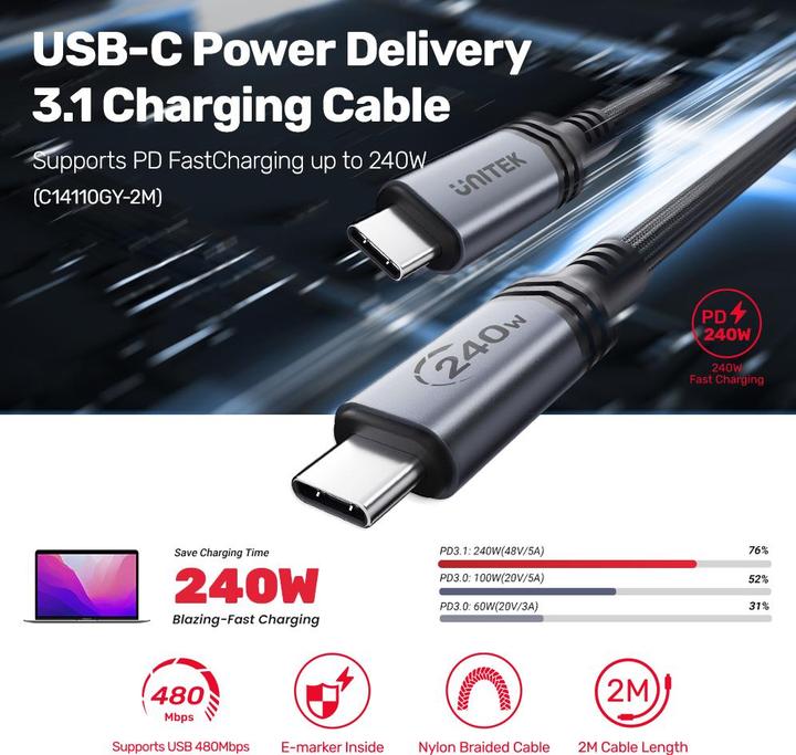 Actual product image Unitek Cable USB USB-C - USB-B 2 m Czarny (C14110GY-2M) (2 m, USB 3.2 Gen 1, 240 W)