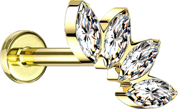 Produktbild Star Piercing Micro Labret Innengewinde vergoldet Fächer mit vier Kristallen silber (ohne Messing, Titan G23)