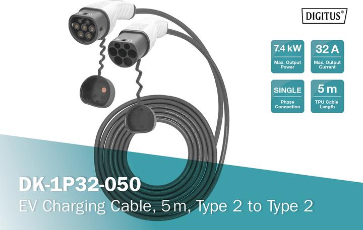 Produktbild Digitus Einphasig 32A - Ladekabel Typ 2 auf Typ 2 (Typ 2, 7.40 kW, 32 A, 5 m)