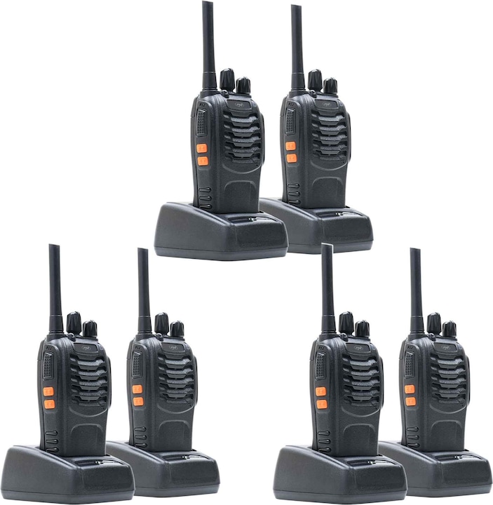 Produktbild PNI Packung mit 6 tragbaren PMR R40 PRO-Radios, Batterien, Ladegeräten und Kopfhörern im Lieferumfan