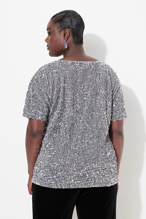 Image du produit Ulla Popken Blouse en velours à paillettes, col rond et manches courtes (46, 48)