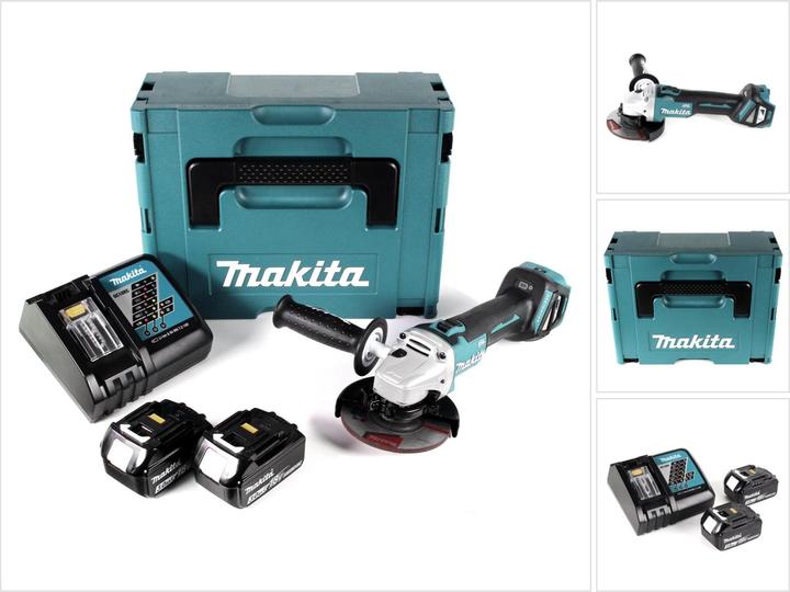 0 Ah - 18 V e indicatore LED del livello di carica, 2x batteria Makita BL 1830 B con 3, 1x Makita Makpac 3, 224415-9, 1x dado flangiato, 1x chiave frontale, 1x inserto universale, 1x disco da taglio A-80656, 782423-1, 1x flangia di serraggio, 1x coperchio di protezione 123145-8, 1x maniglia supplementare 158237-4, 1x Smerigliatrice angolare a batteria Makita DGA 511, 1x Caricabatterie rapido Makita DC 18 RC