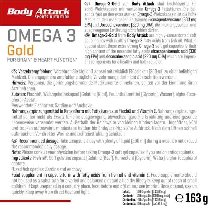 Nutritional values and ingredients Body Attack Omega 3 Gold (120 pcs., Capsules, 160 g)