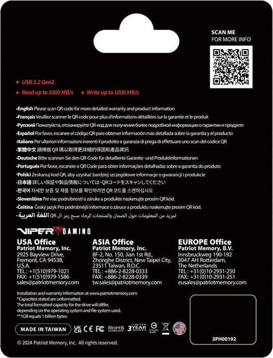 Produktbild Patriot Dysk SSD PVP30 1TB 1000MB/s USB Duo A+C 3.2 Gen2 Alu (1 TB)