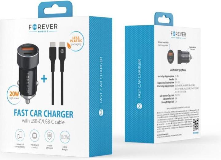Actual product image Forever CC-06 PD QC car charger 1x USB-C 1x USB 20W black + USB-C - USB-C cable 60W