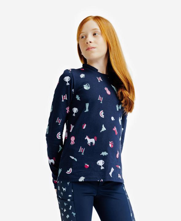 Fouganza Reit-Poloshirt Magic langarm Kinder Print blau (134)