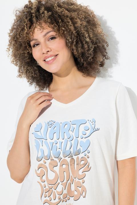 Image du produit Ulla Popken T-shirt avec message, décolleté en V et manches courtes, coupe Classic Fit (42, 44)