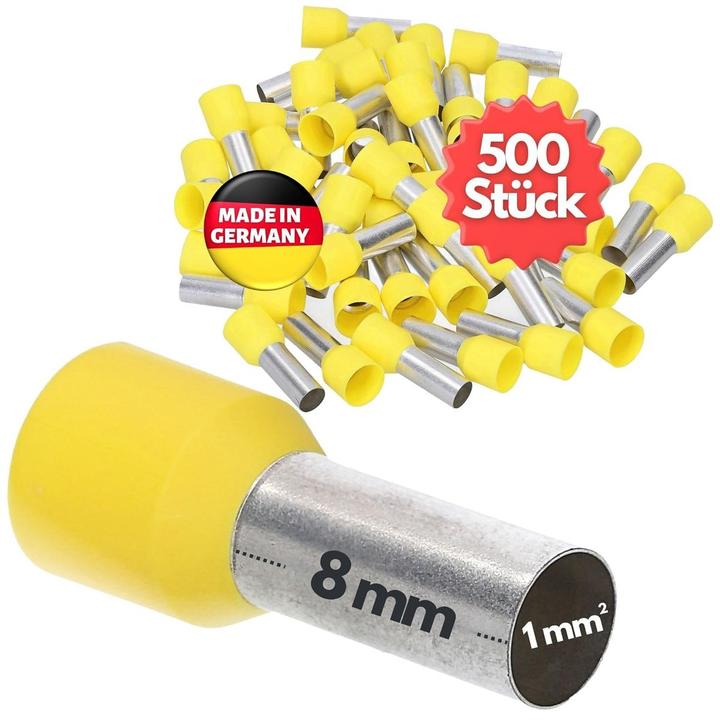 Kalitec 500 Stück AE108GE Aderendhülsen isoliert 1,0mm² 8mm lang gelb I Made in Germany I Industrieq